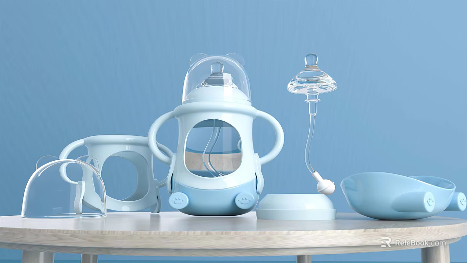 Light Blue Ceramic Baby Feeding Utensils Set With Transparent Lids And Bowls 3d model 