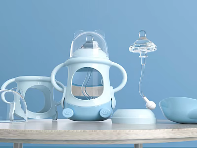 Light Blue Ceramic Baby Feeding Utensils Set With Transparent Lids And Bowls 3d model