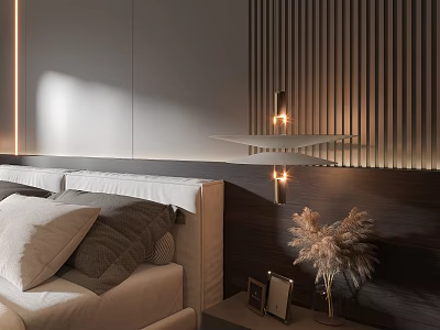 Modern Bedroom Interior With Stylish Chandelier Striped Wall And Pampas Grass 3d model