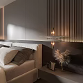 Modern Bedroom Interior With Stylish Chandelier Striped Wall And Pampas Grass
