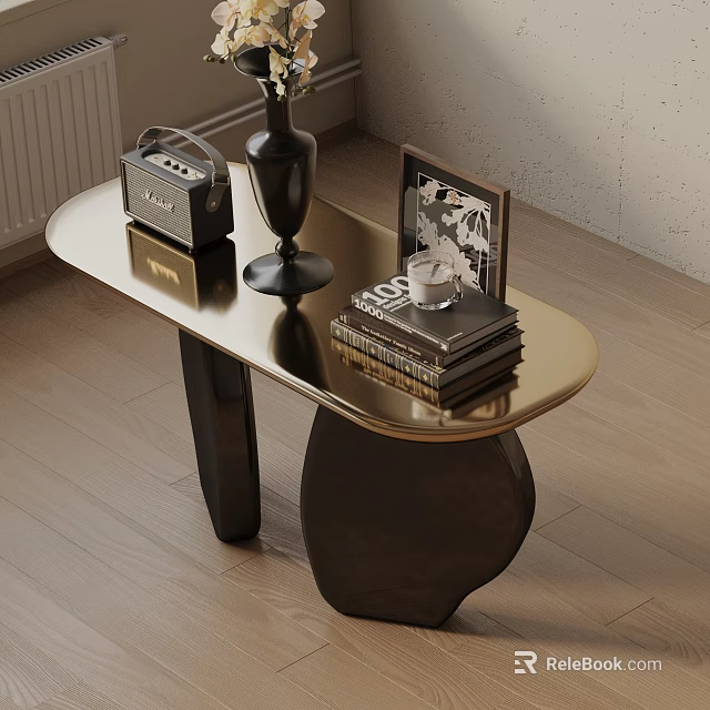 Elegant Modern Entryway Console Table with Metallic Surface Black Vase Radio Photo Frame and Books 3d model 