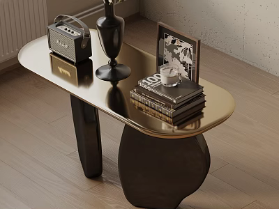Elegant Modern Entryway Console Table with Metallic Surface Black Vase Radio Photo Frame and Books 3d model
