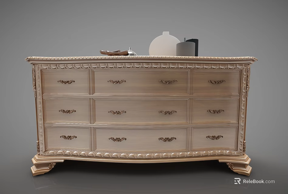 Classic Light Wood Entryway Cabinet Sideboard With Carved Details Multiple Drawers And Decorative Top 3d model 