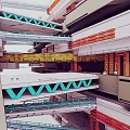 Industrial Architectural Interior With Yellow Metal Frames Red White Walls And Green Railings Complex Design