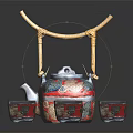 Chinese Traditional Ceramic Tea Set With Bamboo Handle Teapot And Six Square Red Blue Cups