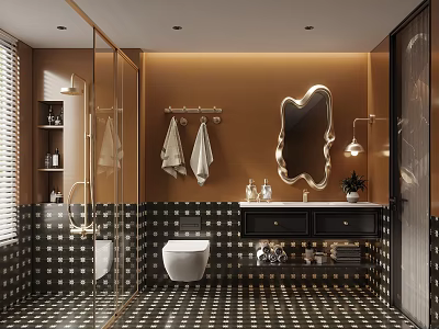 Modern Bathroom Interior With Golden Mirror Sink Cabinet Checkerboard Tiles And Warm Lighting 3d model