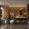 Modern Bathroom Interior With Golden Mirror Sink Cabinet Checkerboard Tiles And Warm Lighting