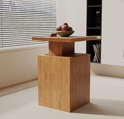 Wooden Side Table With Fruit Bowl Near Window Blinds And Bookshelf 3d model