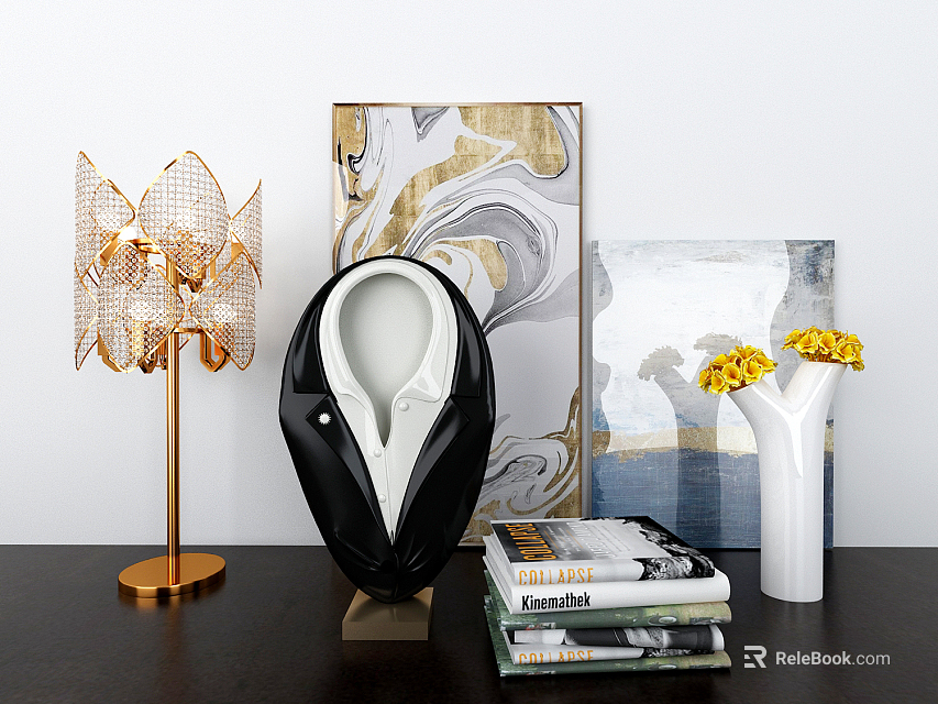 Decorative Ornament Combination with Black White Abstract Ornament Golden Lotus White Vase and Yellow Flowers 3d model 