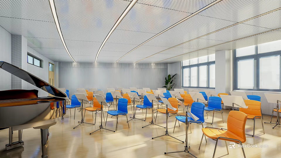 School Music Room Interior With Piano Blue Orange Chairs Music Stands And Linear Ceiling Lights 3d model 