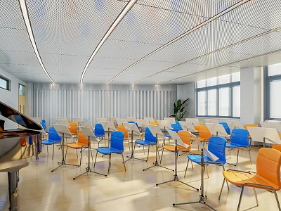 School Music Room Interior With Piano Blue Orange Chairs Music Stands And Linear Ceiling Lights 3d model