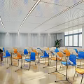 School Music Room Interior With Piano Blue Orange Chairs Music Stands And Linear Ceiling Lights