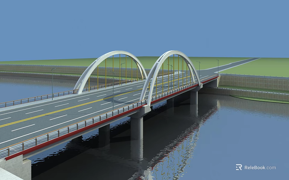 Double Arch Bridge With Road Lanes Over Water And Green Landscape 3d model 
