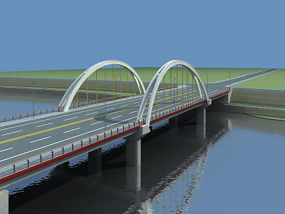 Double Arch Bridge With Road Lanes Over Water And Green Landscape 3d model