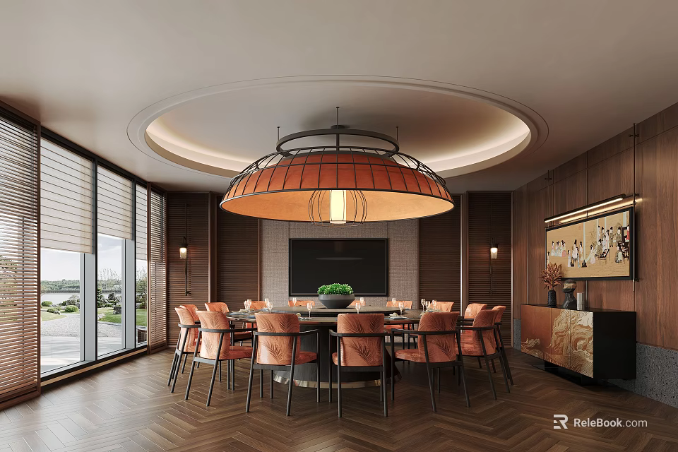 Elegant Private Dining Room with Circular Chandelier Wooden Walls Windows Round Table And Orange Chairs 3d model