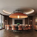 Elegant Private Dining Room with Circular Chandelier Wooden Walls Windows Round Table And Orange Chairs 3d model