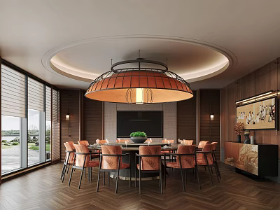 Elegant Private Dining Room with Circular Chandelier Wooden Walls Windows Round Table And Orange Chairs 3d model