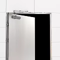 Stainless Steel Swing Door With Hinges Open On White Tiled Wall Interior
