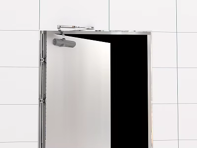 Stainless Steel Swing Door With Hinges Open On White Tiled Wall Interior 3d model