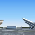Modern Entrance Gate With Red Flag And Symmetrical Architectural Design In Open Plaza