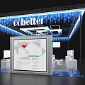 Modern Cobetter Exhibition Booth With Blue Lighting Display Screens White Counters And Green Plants