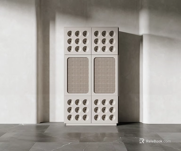 Modern Decorative Cabinet With Perforated Panels And Grid Doors In Minimalist Corner Interior 3d model 