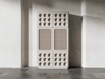 Modern Decorative Cabinet With Perforated Panels And Grid Doors In Minimalist Corner Interior 3d model