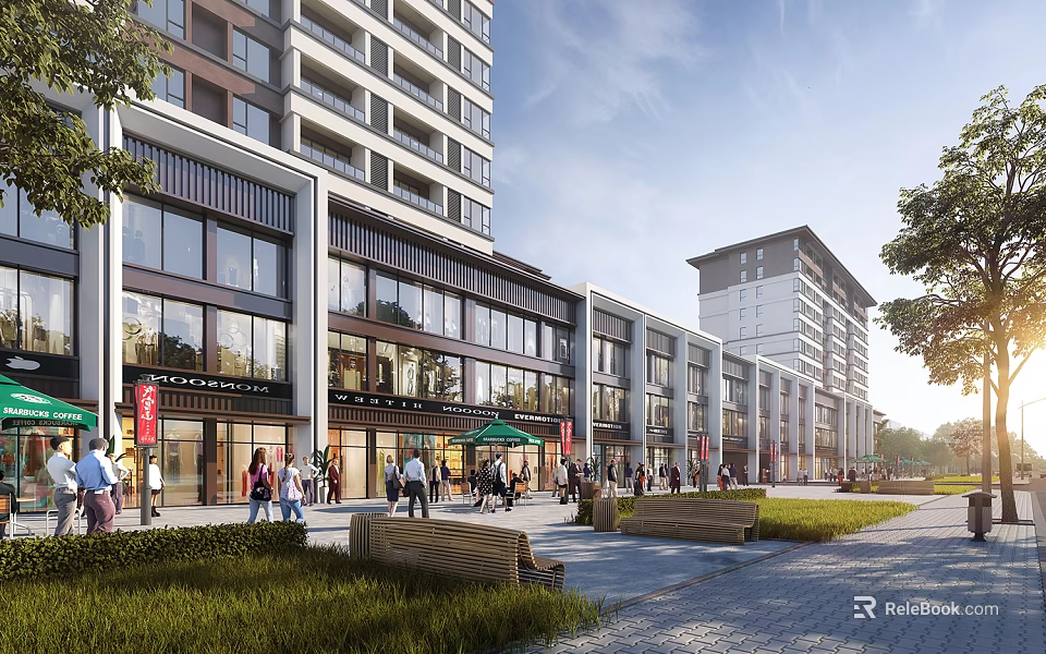 Vibrant Commercial Street With Modern Buildings Shops Pedestrians Benches And Greenery 3d model 