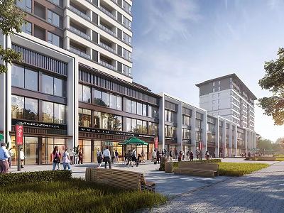 Vibrant Commercial Street With Modern Buildings Shops Pedestrians Benches And Greenery 3d model