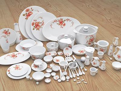 Ceramic Dinnerware Set with White and Red Floral Pattern Plates Bowls Cups and Utensils 3d model