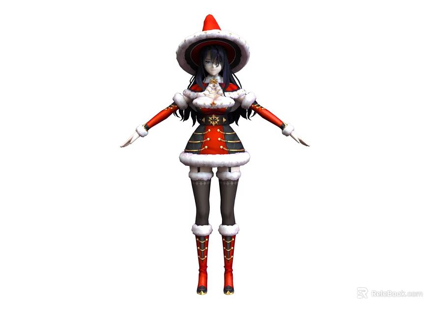 Woman in red and black Christmas costume with Santa hat and white fur trim 3d model 