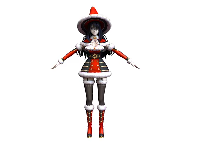Woman in red and black Christmas costume with Santa hat and white fur trim 3d model