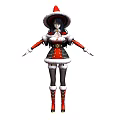 Woman in red and black Christmas costume with Santa hat and white fur trim