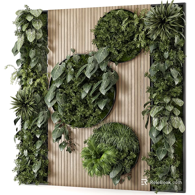 Living Plant Wall Design With Wooden Background And Circular Green Plant Decor 3d model 