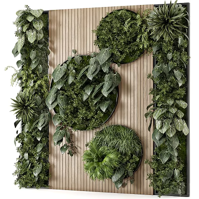 Living Plant Wall Design With Wooden Background And Circular Green Plant Decor 3d model