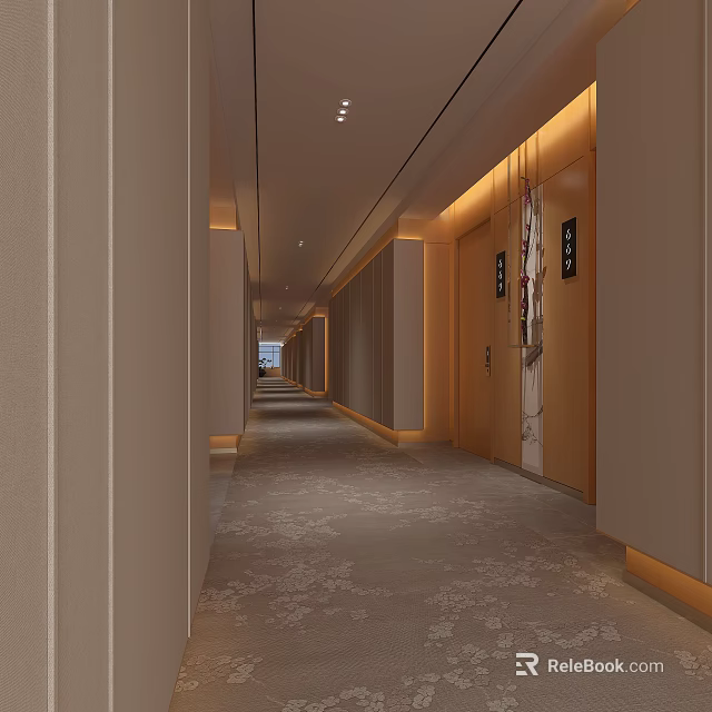 Elegant Hotel Corridor Interior With Warm Lighting Wooden Wall Panels Decorative Paintings And Carpet 3d model 