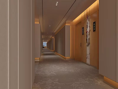 Elegant Hotel Corridor Interior With Warm Lighting Wooden Wall Panels Decorative Paintings And Carpet 3d model