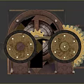 Vintage Mechanical Gear Mechanism With Brown Black Metal Wheels And Gold Cogs