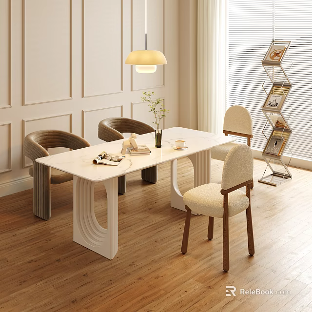 Modern Dining Table Set With Curved White Tabletop Upholstered Chairs Pendant Lamp Wooden Floor Interior 3d model 