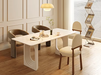 Modern Dining Table Set With Curved White Tabletop Upholstered Chairs Pendant Lamp Wooden Floor Interior 3d model