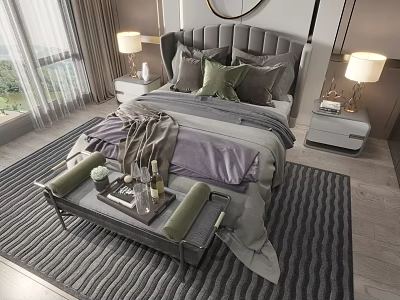 Stylish Double Bed Interior Featuring Tufted Headboard Gray Bedding Nightstands Table Lamps and Green View 3d model