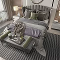 Stylish Double Bed Interior Featuring Tufted Headboard Gray Bedding Nightstands Table Lamps and Green View