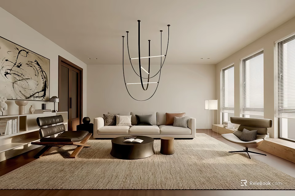 Contemporary Living Room Featuring Geometric Chandelier Neutral Sofa Accent Armchair Woven Rug and Natural Light 3d model 