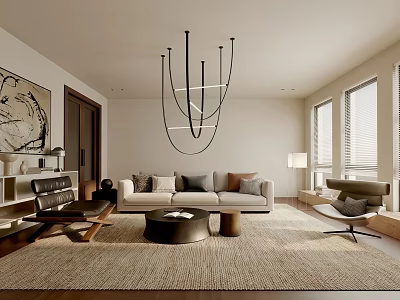 Contemporary Living Room Featuring Geometric Chandelier Neutral Sofa Accent Armchair Woven Rug and Natural Light 3d model