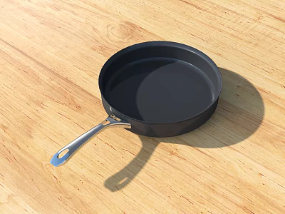 Black Frying Pan On Wooden Kitchen Tabletop For Daily Use 3d model