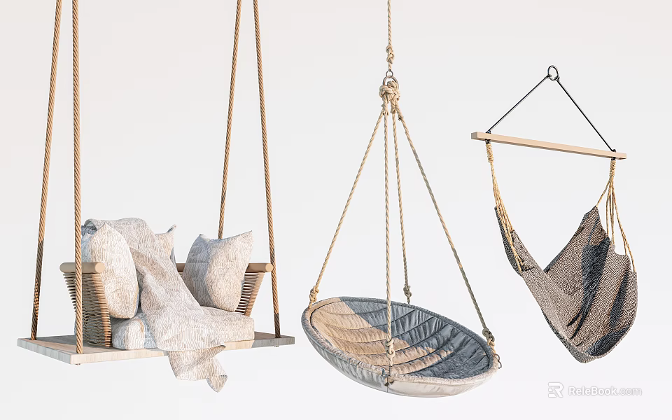 Various Design Outdoor Hanging Chairs With Rope Frames And Comfortable Cushioned Seats For Garden 3d model 