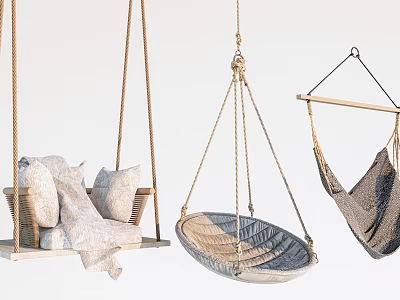 Various Design Outdoor Hanging Chairs With Rope Frames And Comfortable Cushioned Seats For Garden 3d model