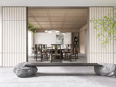 Chinese Style Private Dining Room With Wooden Decor And Greenery 3d model