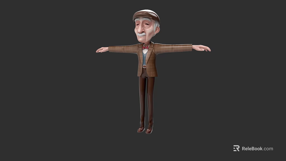 Elderly Man in Brown Suit With Bow Tie and Hat Arms Outstretched 3d model 