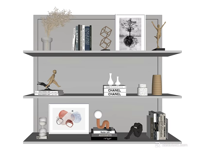 Decorative Ornaments Combination On Multi Layer Shelf With Sculptures Vases Books And Paintings 3d model 